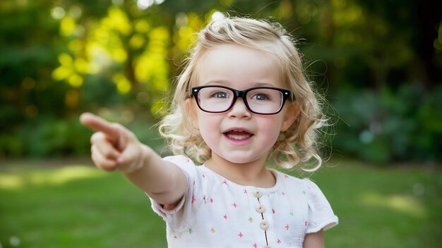 Una niña linda con gafas apuntando