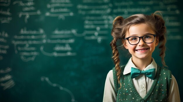 una niña linda con gafas en la pizarra