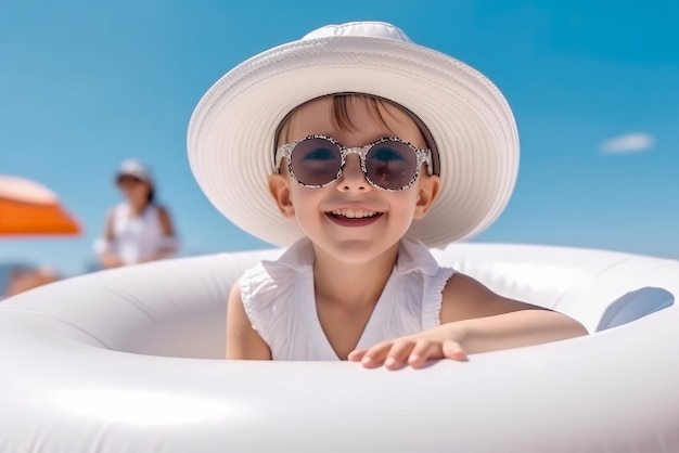 Niña linda jugando con gafas y sombrero blanco en anillos de goma en verano Ai generativo