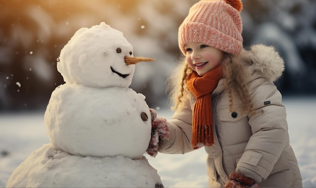 Una niña linda jugando con un muñeco de nieve durante el clima frío y la nieve caída vacaciones de invierno