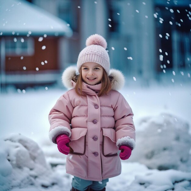 Una niña linda jugando en la nieve.