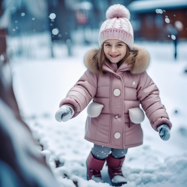 Una niña linda jugando en la nieve.