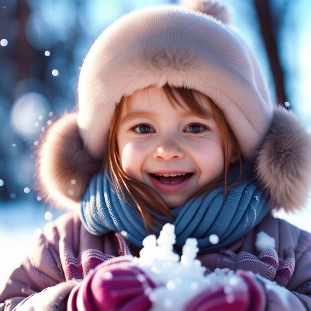 Una niña linda jugando en la nieve.