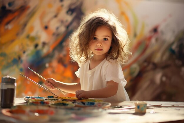 Una niña linda jugando con pinturas.