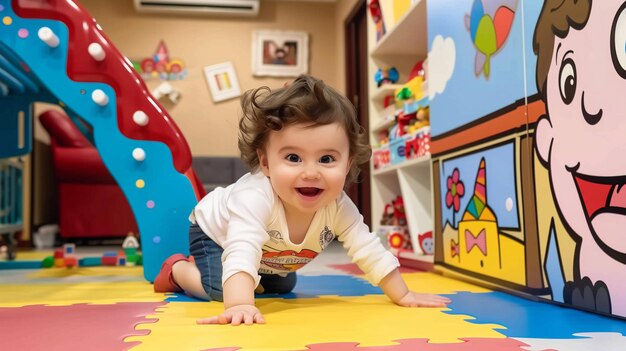 Una niña linda jugando en el suelo en la habitación de los niños.