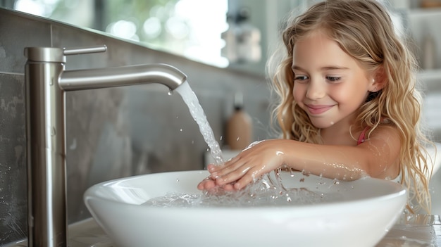 Niña linda lavándose las manos en el fregadero del baño Niño lavándose las mano