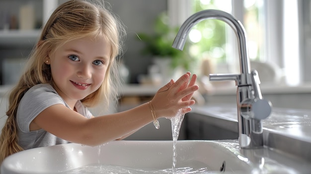 Niña linda lavándose las manos en el fregadero del baño Niño lavándose las mano