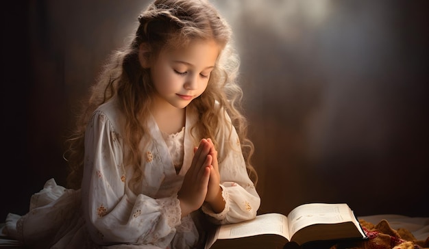 Niña linda leyendo el libro de la Biblia Adoración en casa escuela dominical