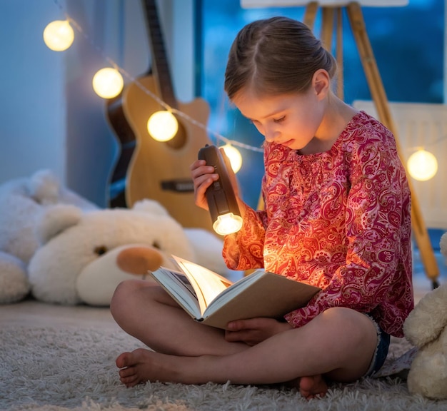 Niña linda leyendo un libro por la noche usando una linterna en el interior