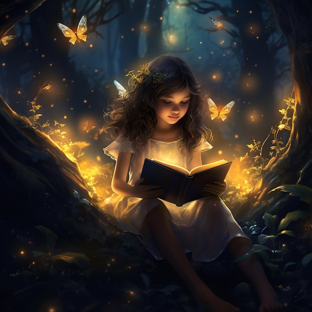 Una niña linda leyendo un libro en la oscuridad y sumergiéndose en la naturaleza