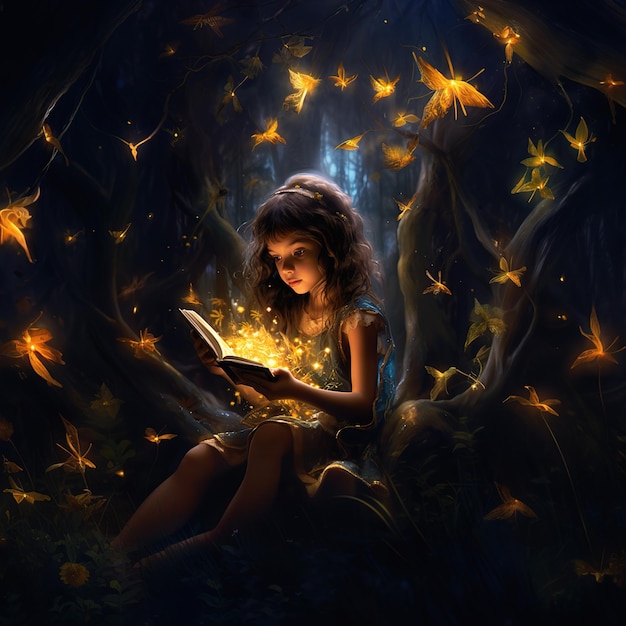 Foto una niña linda leyendo un libro en la oscuridad y sumergiéndose en la naturaleza