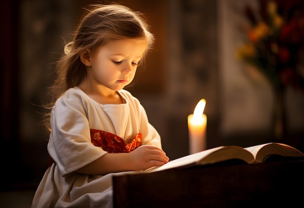 Niña linda leyendo el libro de la Sagrada Biblia Adoración en la iglesia