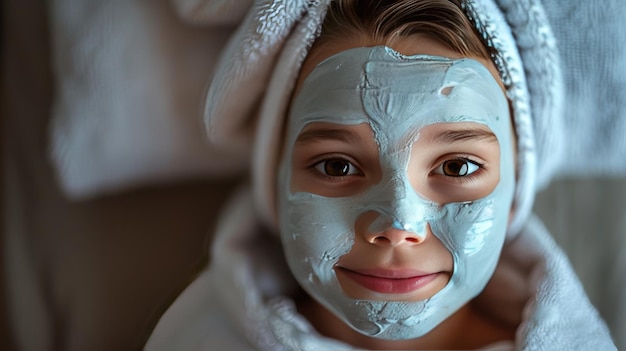 Una niña linda con una máscara facial de arcilla en su cara en casa