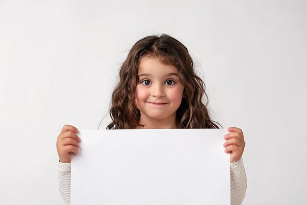 una niña linda mostrando un papel grande con espacio para copiar