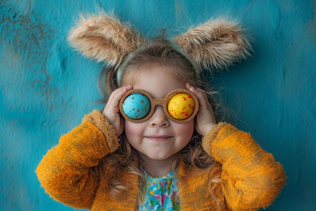 una niña linda con orejas de conejo sostiene huevos de Pascua por los ojos tarjeta de vacaciones de Pascua con espacio para copiar