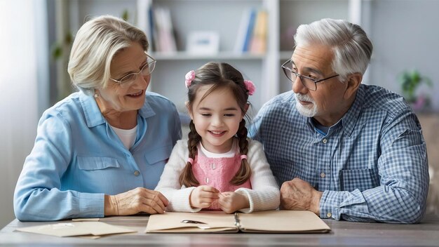 Una niña linda pasando tiempo con sus abuelos en casa.