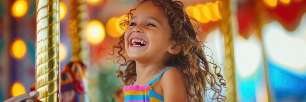 Una niña linda con el pelo largo y rizado en un colorido vestido a rayas riendo mientras monta un carrusel en un parque de atracciones