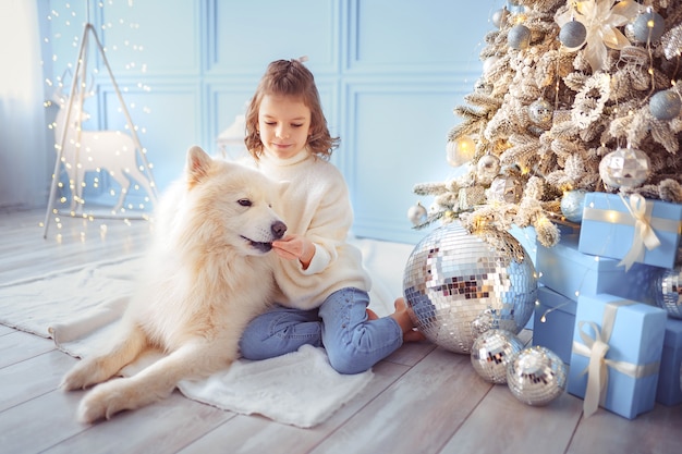 Niña linda con un perro malamute blanco cerca del árbol de Navidad.