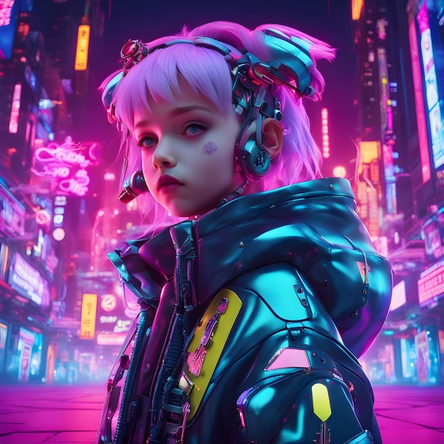 una niña linda posando en la cámara en un fondo de colores abstractos cyberpunk