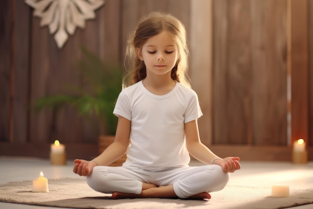 Niña linda pose de yoga Fitness en casa Generar Ai