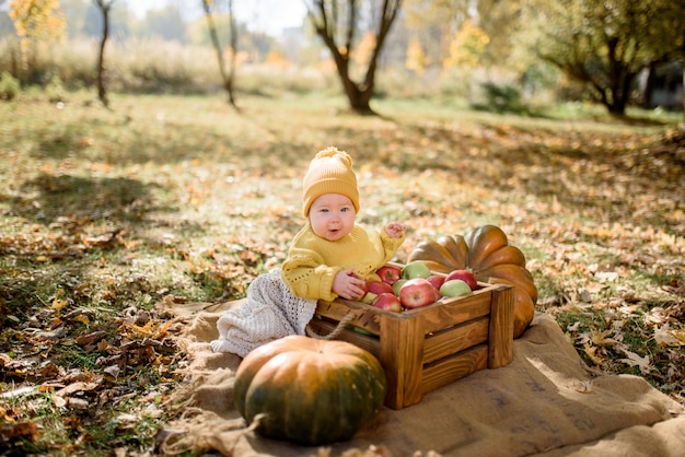 Niña linda que se sienta en la calabaza y que juega en bosque del otoño