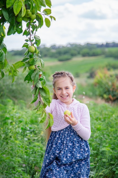 Niña linda en las ramas de un manzano en un día soleado de verano