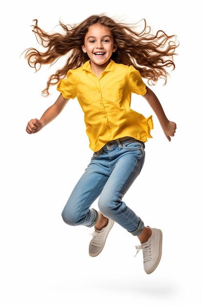 Foto una niña linda con ropa amarilla saltando aislada sobre un fondo blanco