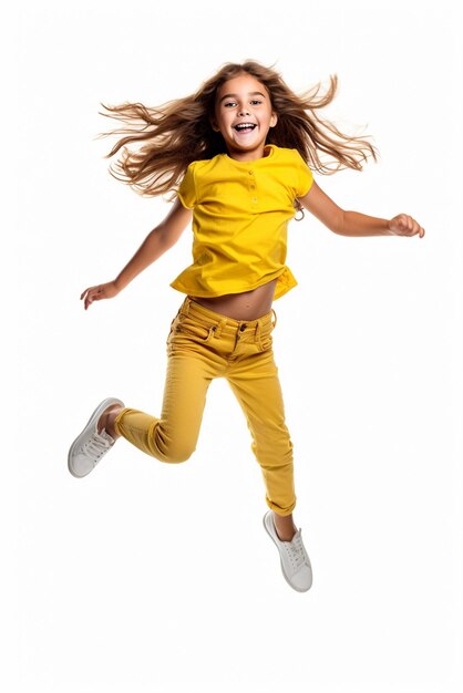 Foto una niña linda con ropa amarilla saltando aislada sobre un fondo blanco