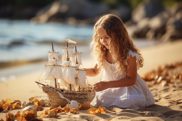 Una niña linda con ropa blanca jugando con un barco de juguete en la playa en un cálido día soleado de verano