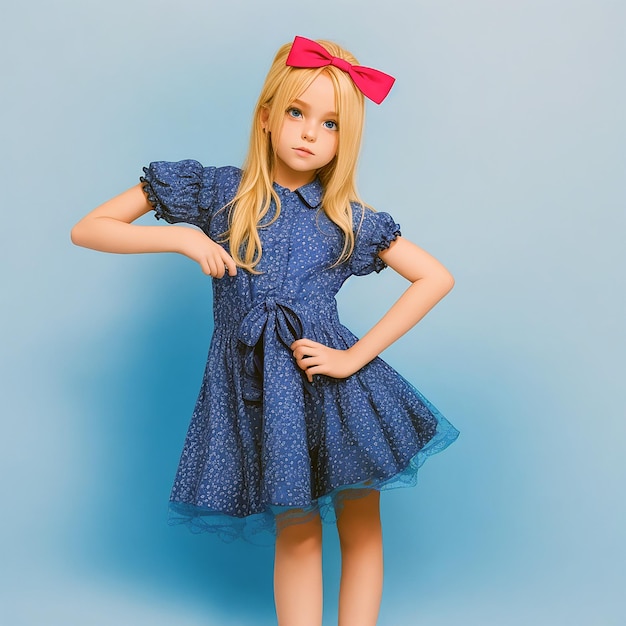 Una niña linda rubia sonriendo sosteniendo las manos en los lados un fondo azul feliz niño ai generado