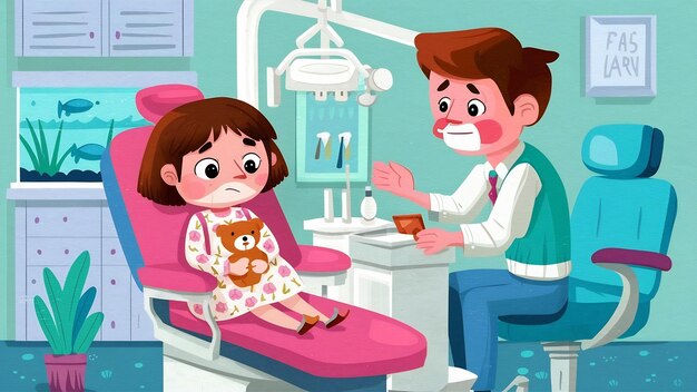 Una niña linda sentada en la oficina del dentista