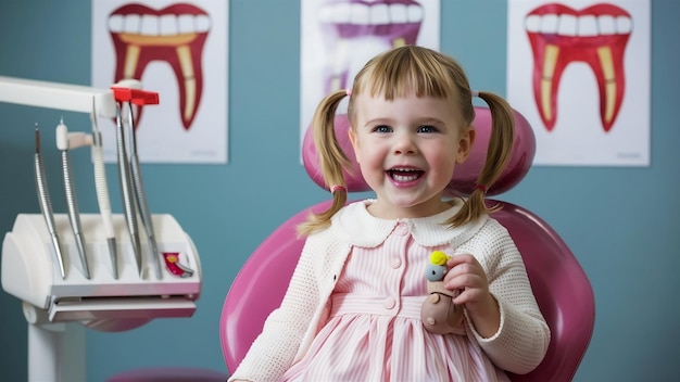 Una niña linda sentada en la oficina del dentista