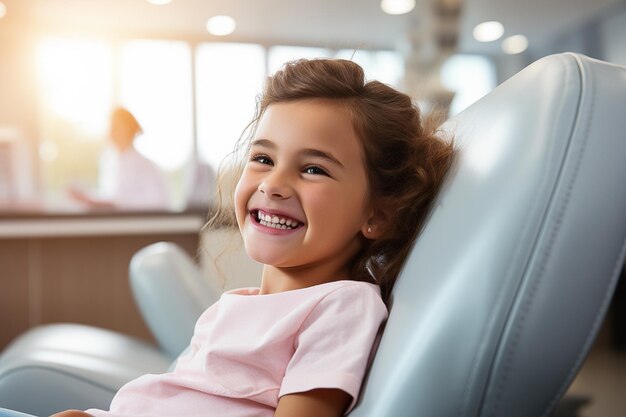 Una niña linda sonríe en una cita con el dentista