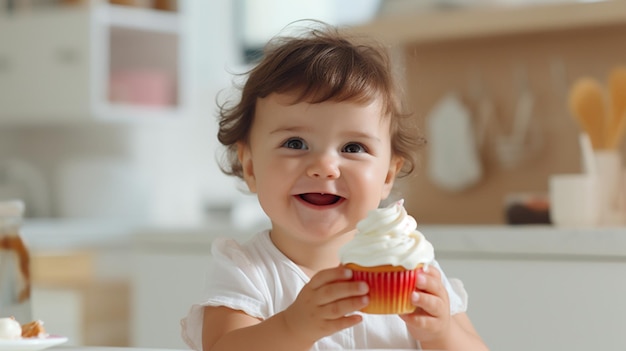 Foto una niña linda sonriendo mientras come un dulce pastelito en el interior