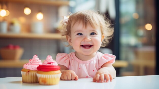 una niña linda sonriendo mientras come un dulce pastelito en el interior
