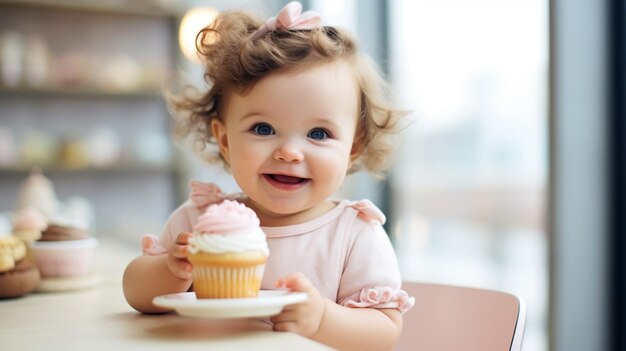 Foto una niña linda sonriendo mientras come un dulce pastelito en el interior