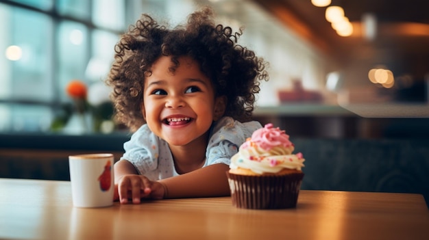 una niña linda sonriendo mientras come un dulce pastelito en el interior