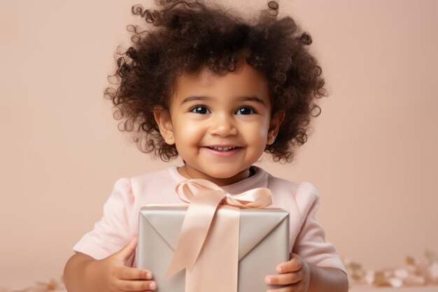 Una niña linda y sonriente sosteniendo un regalo en primer plano sobre un fondo pastel claro