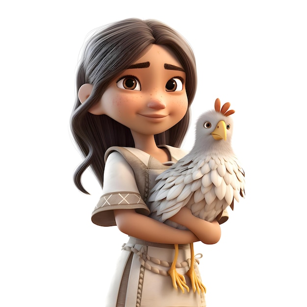 Una niña linda sosteniendo un pollo 3D ilustración renderizada digitalmente