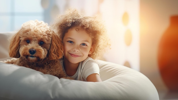 Una niña linda y su perro se están relajando y jugando en la cama Amistad entre un niño y un perro Foto de alta calidad