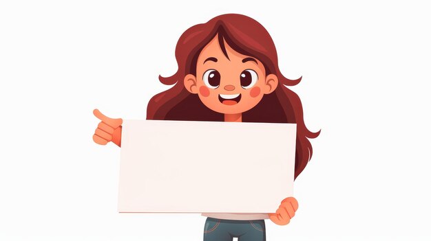 La niña linda tiene una pancarta de papel en blanco tiene un telón de fondo claro para la publicidad un tablero limpio para la publicidad y una pancarta clara para promocionar la compañía Ilustración en moderno plano