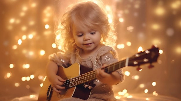 niña linda tocando la guitarra y el humo brilla en el fondo