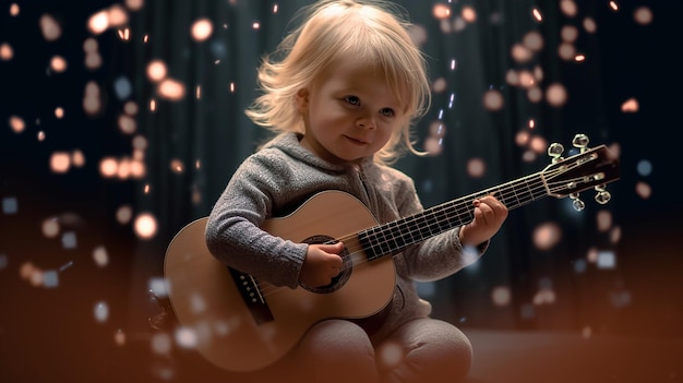 niña linda tocando la guitarra y el humo brilla en el fondo