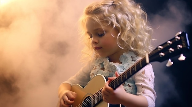 niña linda tocando la guitarra y el humo brilla en el fondo