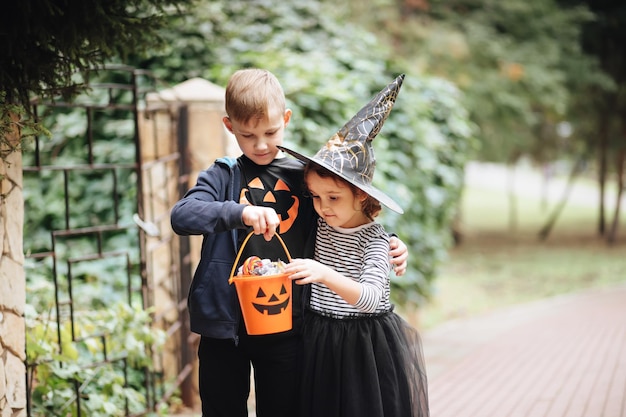 Niña linda en traje de bruja y niño sosteniendo un cubo de calabaza jackolantern con dulces y dulces y sabe dulces Niños truco o trato en las vacaciones de Halloween