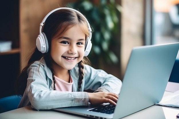Niña linda usando una computadora portátil en casa Educación en línea estudio en casa estudiando aprendizaje a distancia tarea colegiala niños concepto de estilo de vida