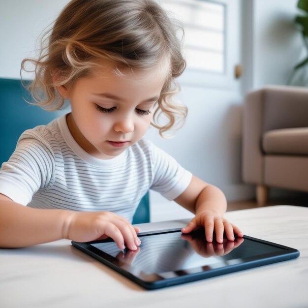 Una niña linda usando una tableta en casa Concepto tecnológico