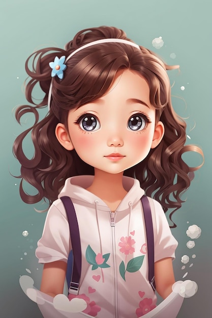 Niña linda vapor con un tratamiento para el cabello ilustración de personaje de dibujos animados dibujada a mano