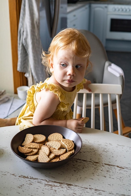 Niña linda en vestidito comiendo galleta de galletas caseras de pie en una silla en la cocina rústica