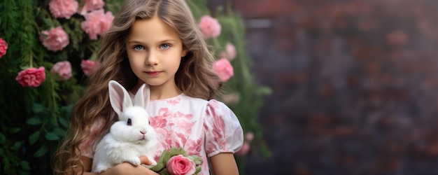 Una niña con un lindo conejo blanco y un ramo de flores rosas